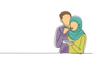 Single continuous line drawing romantic Arab man feeding wife for breakfast. Celebrate wedding anniversaries and enjoy romantic moment at home. Dynamic one line draw graphic design vector illustration