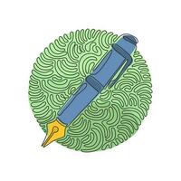 pluma de dibujo de una línea continua, icono de escritura. versión de línea y glifo, contorno de pluma de firma y signo de vector relleno. estilo de fondo de círculo de rizo de remolino. ilustración gráfica de vector de diseño de línea única