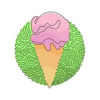 Single continuous line drawing delicious ice creams in crispy cone waffles. Tasty sweet ice-cream. Cold summer desserts. Swirl curl circle background style. Dynamic one line draw graphic design vector