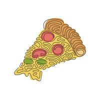 Continuous one line drawing slice of pizza with tomatoes, lettuce, sausage, cheese. Street food concept. Template for restaurants. Swirl curl style. Single line draw design vector graphic illustration