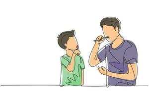 Single one line drawing father teaching his son teeth brushing in bathroom. Routine habits for cleanliness and health of mouth and teeth. Modern continuous line draw design graphic vector illustration