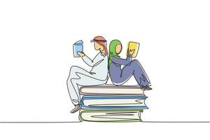 Single one line drawing Arabian students woman and man reading, learning and sitting on big books. Study in library. Literature fans or lovers. Continuous line draw design graphic vector illustration