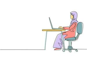 Single one line drawing Arabian female with laptop sitting on chair around desk. Distance learning, online courses, and studying concept. Modern continuous line draw design graphic vector illustration