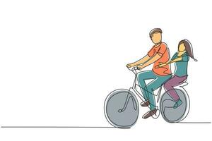 Single continuous line drawing couple have fun riding on bike. Romantic cycling couple holding hands. Togetherness of young husband and wife. Dynamic one line draw graphic design vector illustration