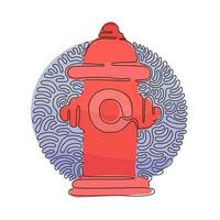Single continuous line drawing red fire hydrant icon. Tool used by firefighters for extinguishing flames. Swirl curl circle background style. Dynamic one line draw graphic design vector illustration