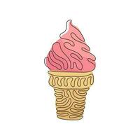 Single one line drawing delicious ice creams in crispy waffles cup. Tasty sweet ice-cream tastes. Cold summer desserts. Swirl curl style. Modern continuous line draw design graphic vector illustration