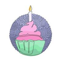 Single one line drawing yummy cupcake with candle. Sweet tasty cake. Delicious dessert for dinner. Swirl curl circle background style. Modern continuous line draw design graphic vector illustration