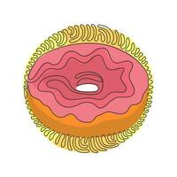 Continuous one line drawing chocolate glazed ring donut. Sweet doughnut. Appetizing fresh food for breakfast. Swirl curl circle background style. Single line draw design vector graphic illustration