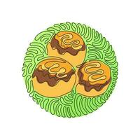 Single one line drawing takoyaki, octopus balls, Japanese fast food. Tasty snack with mayonnaise, seaweed. Swirl curl circle background style. Continuous line draw design graphic vector illustration