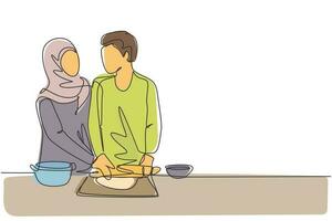 Dibujo continuo de una línea romántica pareja árabe mirándose mientras se enrolla una masa suave durante la preparación de los pasteles en la acogedora cocina de su casa. Ilustración gráfica de vector de diseño de dibujo de una sola línea