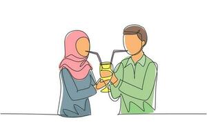 Single continuous line drawing young Arabian couple drinking using straws and big glasses together. Celebrate anniversaries and enjoy romantic dinner. One line draw graphic design vector illustration