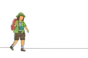 Continuous one line drawing girl wearing safari outfit complete with hat carrying bag and draping binoculars. Little adventurer learns about nature. Single line draw design vector graphic illustration