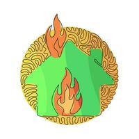 icono de línea de fuego de dibujo de una línea continua. edificio de viviendas en llamas. símbolo de seguro de prevención de accidentes. estilo de fondo de círculo de rizo de remolino. ilustración gráfica de vector de diseño de dibujo de una sola línea