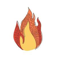 Single one line drawing fire, flame. Red flame in abstract style. Flat fire. Modern art isolated graphic. Fire sign. Swirl curl style. Modern continuous line draw design graphic vector illustration