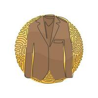 traje formal de hombre de dibujo de línea continua única. chaqueta de hombre. traje de hombre de boda, esmoquin. ropa en estilo de negocios. estilo de fondo de círculo de rizo de remolino. vector de diseño gráfico de dibujo dinámico de una línea