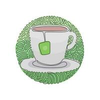 taza de dibujo de una sola línea continua con bolsita de té. bebidas calientes para el desayuno. disfrutar de la frescura y la relajación. estilo de fondo de círculo de rizo de remolino. Ilustración de vector de diseño gráfico de dibujo de una línea dinámica