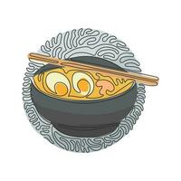 Single one line drawing Japanese food ramen noodles with various toppings in bowl. Traditional Asian noodle soup. Swirl curl circle background style. Modern continuous line draw design graphic vector