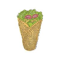 Single one line drawing shawarma or chicken wrap. Turkish fast food with meat and vegetables. Meal on grill of shawarma. Swirl curl style. Continuous line draw design graphic vector illustration