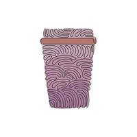 Single one line drawing disposable takeaway coffee cup. Cardboard coffee mug with plastic lid for cappuccino drink. Swirl curl style. Modern continuous line draw design graphic vector illustration
