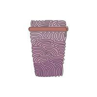 Single one line drawing disposable takeaway coffee cup. Cardboard coffee mug with plastic lid for cappuccino drink. Swirl curl style. Modern continuous line draw design graphic vector illustration