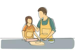 Single one line drawing happy father and daughter wearing apron cook in kitchen. Enjoying kneading cake dough or bakery together at home. Modern continuous line draw design graphic vector illustration