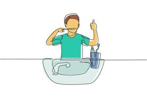 Single one line drawing man brushing his teeth with thumbs up gesture. Routine habits for cleanliness, health, freshness of mouth and teeth. Continuous line draw design graphic vector illustration