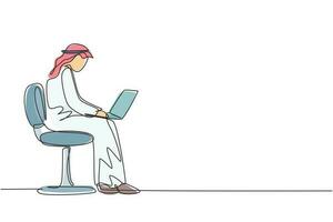 Continuous one line drawing young Arabian man with laptop sitting on the chair. Freelance, distance learning, online courses, and studying concept. Single line draw design vector graphic illustration