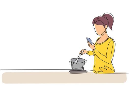 dibujo de una sola línea hermosa esposa está cocinando mientras mira el tutorial en el teléfono inteligente. aprende a cocinar con tecnología moderna. prepara comida. Ilustración de vector gráfico de diseño de dibujo de línea continua