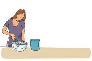 dibujo continuo de una línea, la mujer habla en el teléfono inteligente mientras prepara la cena mientras está de pie en la cocina y amasa la masa de la torta con una batidora manual. Ilustración gráfica de vector de diseño de dibujo de una sola línea