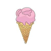 Single continuous line drawing delicious ice creams in crispy cone waffles. Tasty sweet ice-cream. Cold summer desserts. Swirl curl style. Dynamic one line draw graphic design vector illustration