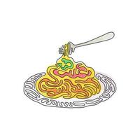 Continuous one line drawing spaghetti bolognese with fork on plate. Classic Italian pasta dish for lunch. Delicious meal at home. Swirl curl style. Single line draw design vector graphic illustration