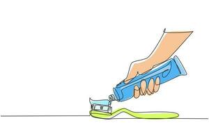 dibujo de línea continua única cepillarse los dientes. cepillo de dientes y pasta de dientes de cerca. Extruya la pasta de dientes a mano del tubo del cepillo de dientes. concepto de cuidado de los dientes. Ilustración de vector de diseño gráfico de dibujo de una línea