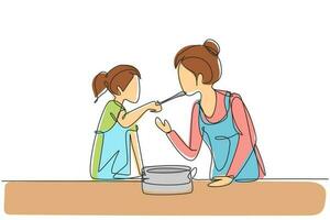 dibujo de una sola línea madre feliz saboreando la comida que le dio su hermosa hija. cocinando juntos para el almuerzo en la acogedora cocina de casa. Ilustración de vector gráfico de diseño de dibujo de línea continua moderna