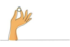 dibujo de línea continua única mano de mujer sosteniendo un anillo de diamantes. regalo del novio para la novia en su día especial. celebración de la ceremonia de matrimonio. Ilustración de vector de diseño gráfico de dibujo de una línea dinámica
