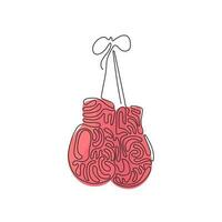 Single continuous line drawing boxing glove hanging on lace. Boxer sportswear for punch workout. Symbol of fight, combat. Swirl curl style. Dynamic one line draw graphic design vector illustration