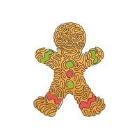 Continuous one line drawing gingerbread man icing. Cookie in shape of man. Illustration for winter holiday, cooking, new year's eve. Swirl curl style. Single line design vector graphic illustration