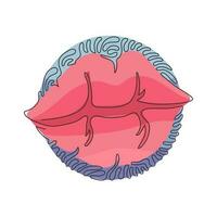 Single one line drawing beautiful red lips. Mark left after firm kiss is placed with bright lipstick. Kiss mark emoji. Swirl curl circle background style. Continuous line draw design graphic vector