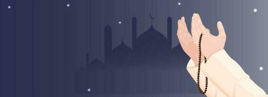 ilustración de musulmán Orando manos con tasbih en azul silueta mezquita antecedentes. vector