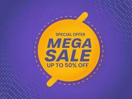 Mega Sale Poster Design With Discount Offer On Violet And Yellow Halftone Background. vector