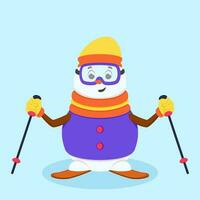 Cartoon Snowman Skiing On Blue Background. vector