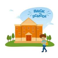 Illustration Of Cute Student Boy Standing In Front Of School Building On White Background For Back To School Concept. vector