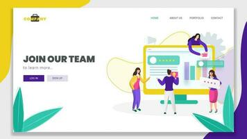 Business man and women working together to maintain the website on computer for Join Our Team concept based landing page design. vector