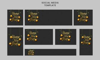 Social Media Template And Header Collection With Happy New Year Font Written By Golden Brush, Baubles Hang On Black Background. vector