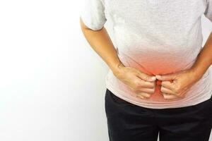 Woman suffering from stomachache. Chronic gastritis, menstruation and health concept. photo