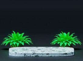 3d Stone podium for promotion on beige background.Marble product showcase front view. shiny light green fern leaves photo