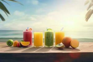 Fresh juice fruits on beach. Generate Ai photo