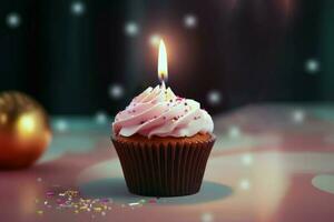 Birthday cupcake candle pink. Generate Ai photo