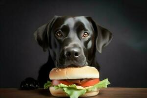 negro perro cuidado hamburguesa. generar ai foto
