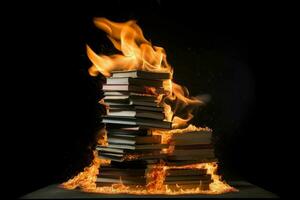 Stack book fire flame. Generate AI photo