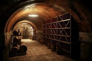 Wine cellar with racks. Generate Ai photo